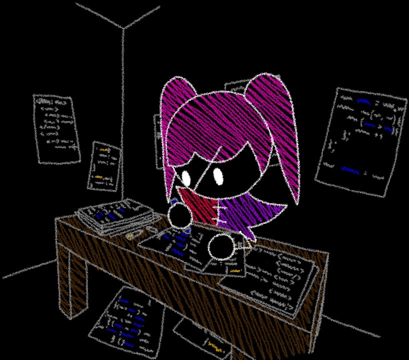 Dhalia writing web code on a desk with paper and crayons